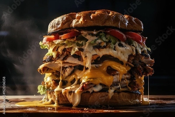 Fototapeta A large, stacked burger with melted cheese, lettuce, tomatoes, and grilled meat. The burger is juicy and dripping with sauce, set against a dark background.