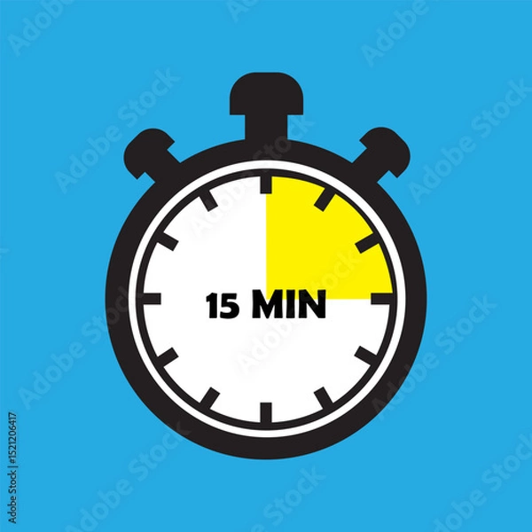 Fototapeta 15 Minutes Timer Icon, Modern Flat Design. Clock, Stopwatch, Chronometer Showing Fifteen Minutes Label. Cooking time, Countdown Indication.
