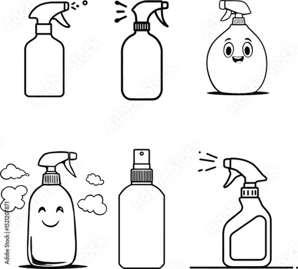 Fototapeta Spray Bottle Illustration Symbol Set Featuring Six Distinct Variations: Simple Spray Bottles, Smiling Facial Expressions, Different Nozzle Designs, and Cloud Elements—Representing Cleaning, Freshness,