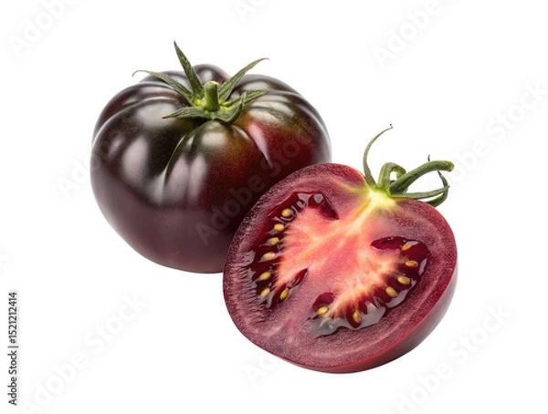 Obraz A whole and a half of an antocyanin heirloom tomato isolated on a transparent background png food design