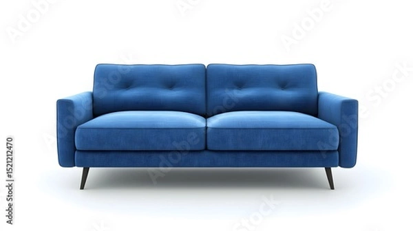 Fototapeta A front view of a two seater blue sofa with black legs against a white background in a studio setting