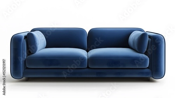 Fototapeta A front view of a stylish blue velvet sofa with rounded arms and back cushions on a white background