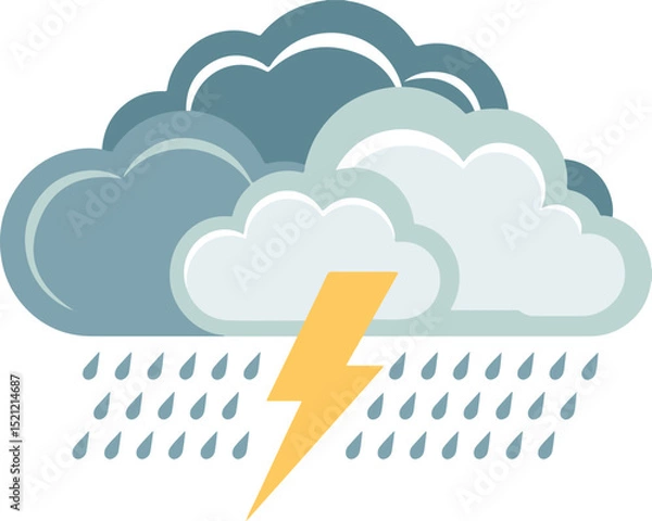Obraz Weather Icon with Gray and Teal Storm Cloud, Yellow Lightning Bolt, and Blue Raindrops on White Background