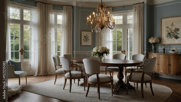 Fototapeta Elegant dining room with large windows
