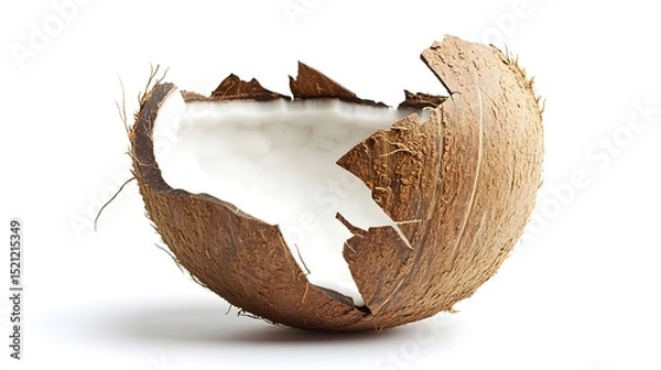 Fototapeta Close up of a broken coconut shell with white flesh inside on a white background in studio lighting
