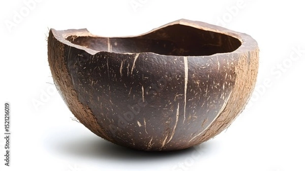 Fototapeta A close up shot of a halved coconut shell with a rough exterior texture on a plain white background space