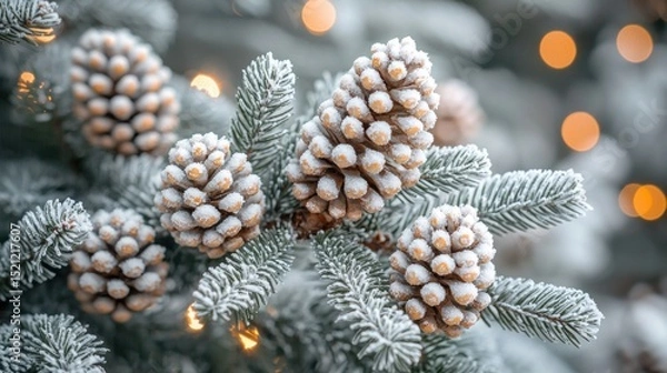 Obraz Frosted pine cones on a decorated Christmas tree branch