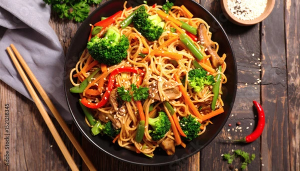 Obraz Chinese Vegetable Lo Mein Delicious Authentic Stir-Fried Noodles with Fresh Vegetables Healthy Asian Cuisine Recipe