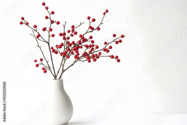 Fototapeta Red berries on bare branches in a white vase against a white background in a studio setting neutral