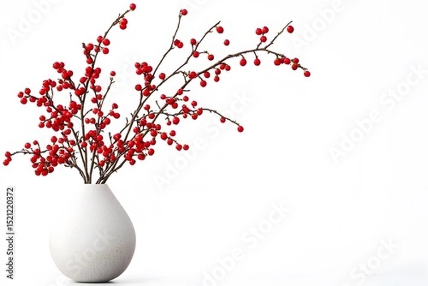 Fototapeta Still life of red berries on branches in a white vase against a clean white background in studio shot