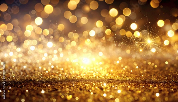 Obraz Golden glitter bokeh lights sparkling background, festive golden sparkle lights, glitter effect on dark background, luxury glitter bokeh lights