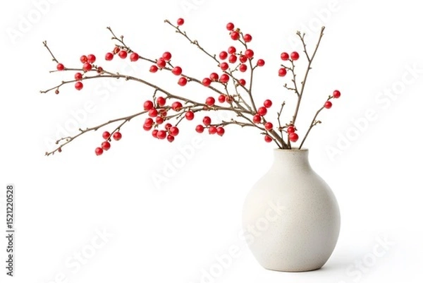 Fototapeta Still life of red berries on branches in a white vase against a plain white studio background setting scene