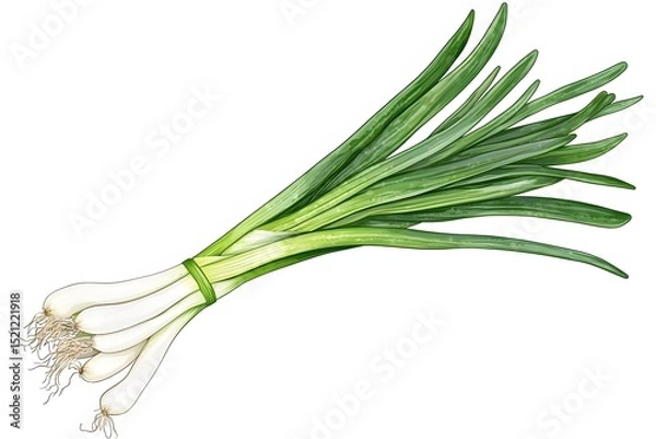 Fototapeta A bunch of fresh green onions tied together with a green band on a white background illustration style