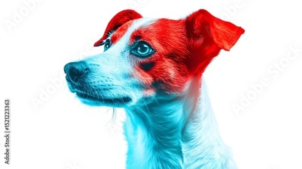 Fototapeta A jack russell terrier with red and white markings against a bright white studio background looking left
