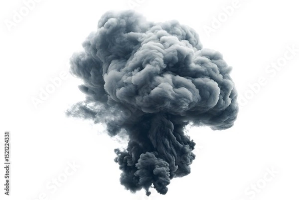 Fototapeta A dramatic cloud of dark gray smoke billowing upwards against a stark white background creating a powerful image