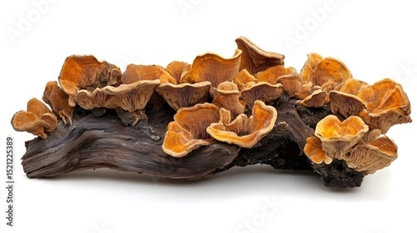 Fototapeta A cluster of orange mushrooms growing on a decaying log against a plain white background in a studio shot