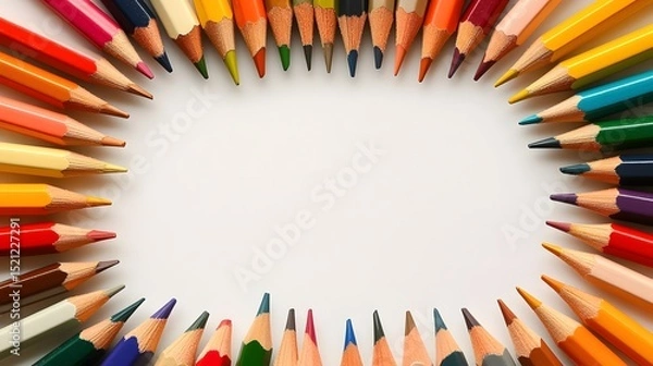 Fototapeta A frame of colored pencils arranged around a white background creating a rectangular space inside it