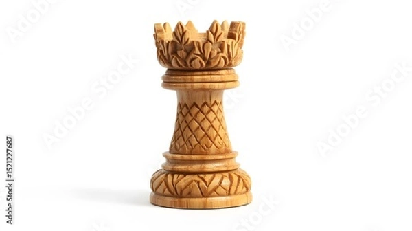 Fototapeta A single light brown wooden rook chess piece with carved details on a white background in a studio shot