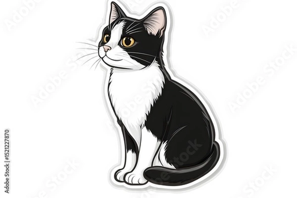Fototapeta Illustration of a black and white cat sitting upright with yellow eyes on a white background