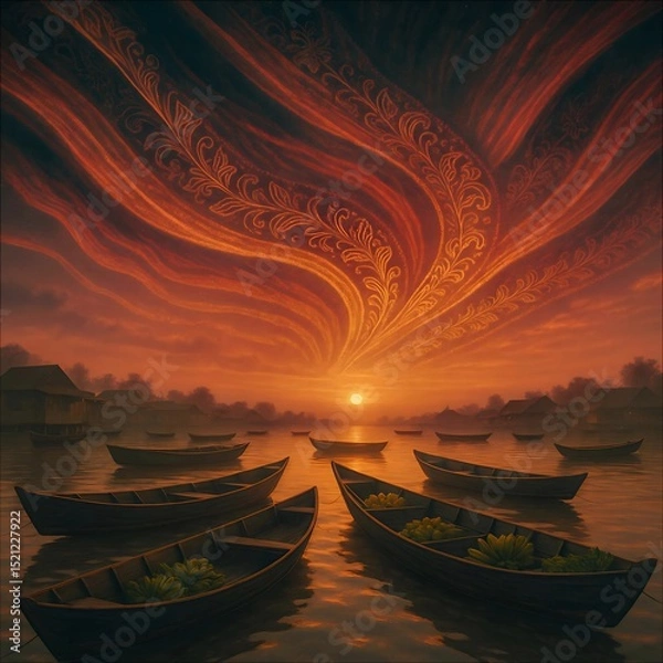 Obraz Cinematic Scene of Banjarmasin’s Floating Market: Traditional Boats and the Aurora of Nusantara Batik