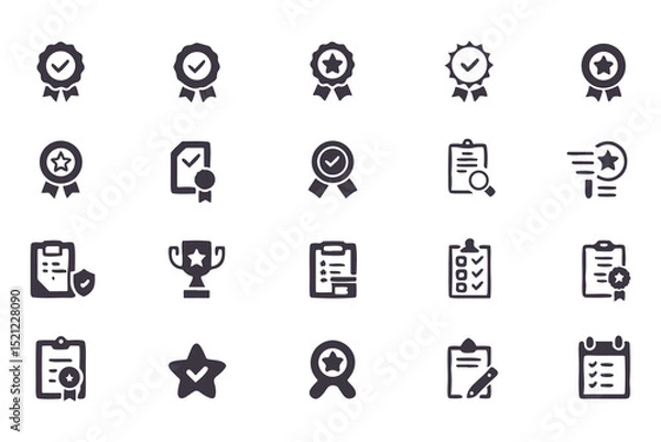 Fototapeta Checkmark and Approval Icon Set. Black Silhouette Vector Glyphs of Validation, Certification, Checklists, Documents, Awards and Security Verification. Vector Illustration