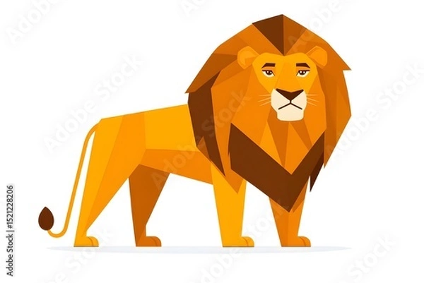 Fototapeta Illustration of a geometric lion with a golden mane standing on a white background in full view