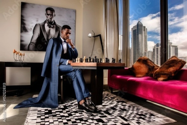 Fototapeta A high fashion photo shoot in a city apartment, where the model is dressed in stylish clothes and sits on a soft sofa next to an elegant table with chess sets. A modern aesthetic of luxury living.