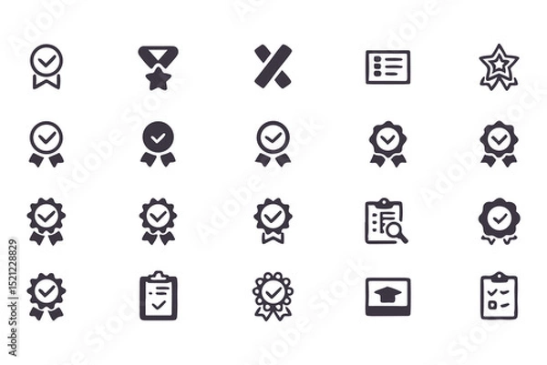 Fototapeta Checkmark and Approval Icon Set. Black Silhouette Vector Glyphs of Validation, Certification, Checklists, Documents, Awards and Security Verification. Vector Illustration