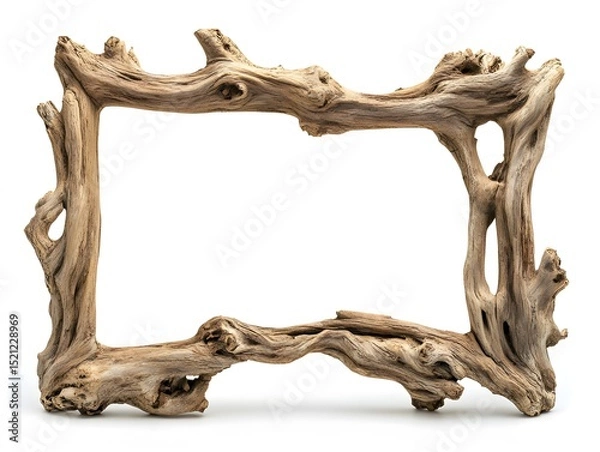 Fototapeta A driftwood frame made of light brown wood with a rectangular opening on a white background studio shot