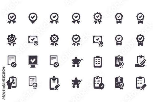 Obraz Checkmark and Approval Icon Set. Black Silhouette Vector Glyphs of Validation, Certification, Checklists, Documents, Awards and Security Verification. Vector Illustration