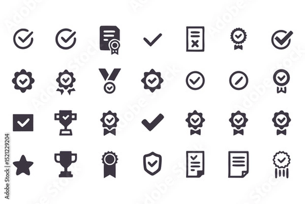 Obraz Checkmark and Approval Icon Set. Black Silhouette Vector Glyphs of Validation, Certification, Checklists, Documents, Awards and Security Verification. Vector Illustration