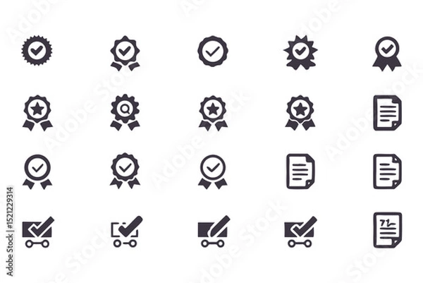 Obraz Checkmark and Approval Icon Set. Black Silhouette Vector Glyphs of Validation, Certification, Checklists, Documents, Awards and Security Verification. Vector Illustration