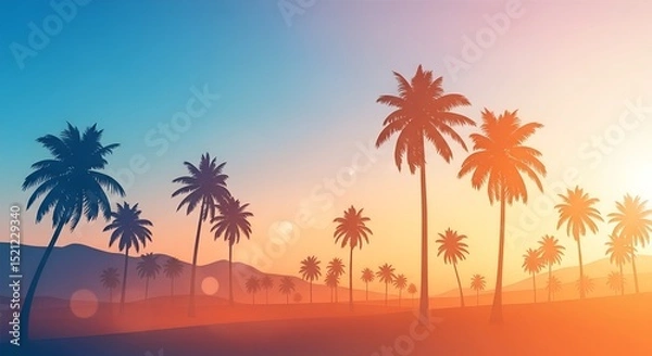 Fototapeta Tropical Sunset with Palm Trees and Gradient Sky summer vibe