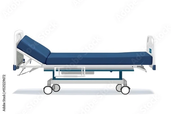 Fototapeta A side view of a blue hospital bed with white frame and wheels isolated on a white background in studio shot