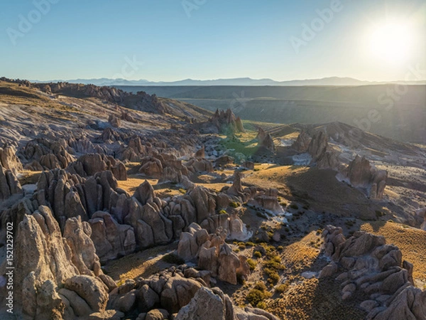 Fototapeta Panoramic view of the otherworldly rock formations of Los Bolillos, Neuquen, Argentina