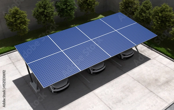 Fototapeta Electric cars charging in solar powered parking lot and battery display. 3D illustration