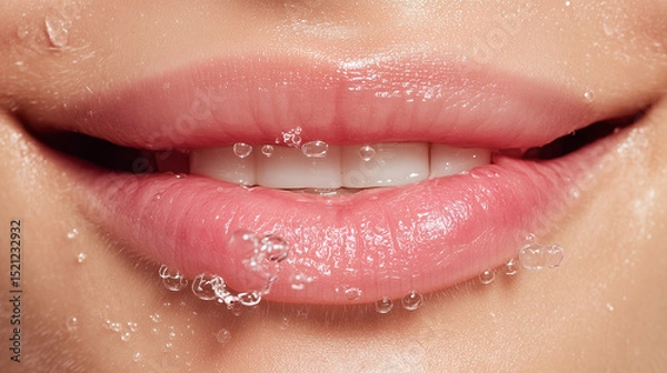 Obraz Closeup of smiling lips with water droplets on smooth skin, showing healthy hydration and natural beauty with soft pink tones and clear teeth in fresh, clean look