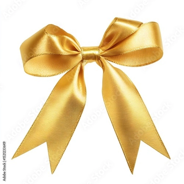 Fototapeta A shiny golden ribbon tied in a bow with pointed ends on a plain white background in a studio setting