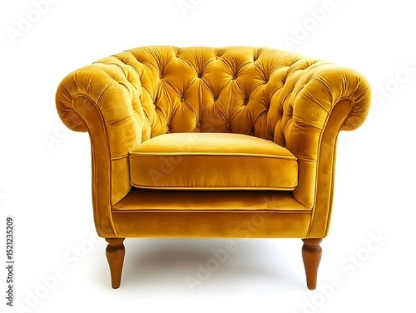 Fototapeta A luxurious golden yellow chesterfield armchair with button tufting on a clean white background studio shot