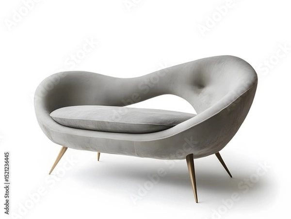 Fototapeta Isolated light gray loveseat with a curved back and a circular cutout sitting on four wooden legs indoors