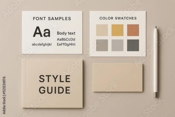 Obraz Style guide layout with font samples, color swatches, blank cards and pen on beige background, flat lay composition