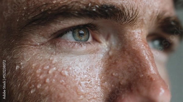Obraz Closeup of man sweaty face with water droplets on skin and green eye looking focused and intense in natural light. detailed texture shows pores and facial hair