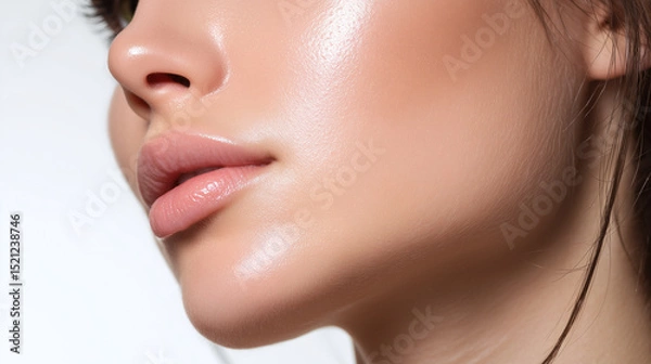Obraz Closeup of woman cheek and jawline with radiant smooth skin and natural lips, highlighting healthy skin texture and soft lighting for fresh and glowing appearance