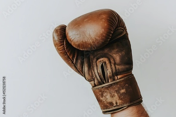Fototapeta A close up shot of a person wearing a brown leather boxing glove against a plain white background indoors