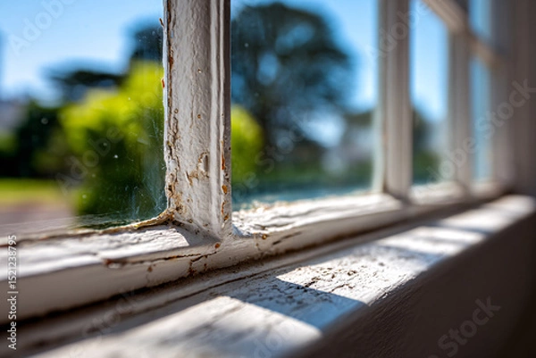 Fototapeta White painted wooden window sill with peeling paint and weathered surface