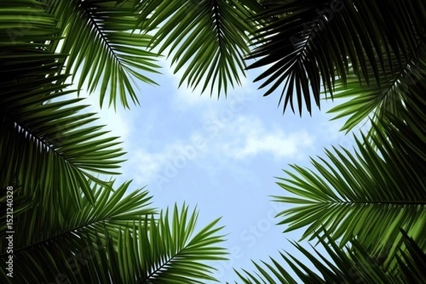 Obraz A view of lush green palm leaves against a bright blue sky.
