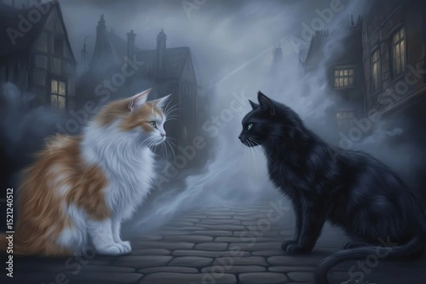 Obraz Two cats, one orange and white, the other black, facing each other in a misty, cobblestone street.