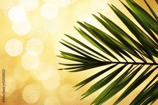 Fototapeta A close-up of a green palm leaf with a soft golden bokeh background.