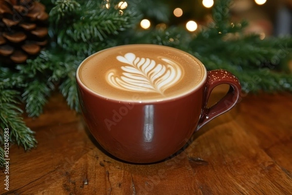 Fototapeta A brown coffee cup filled with latte art, placed on a wooden table with pine branches in the background.
