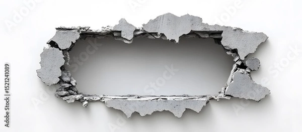 Fototapeta A rectangular hole in a gray wall showing broken concrete and a white background through the opening